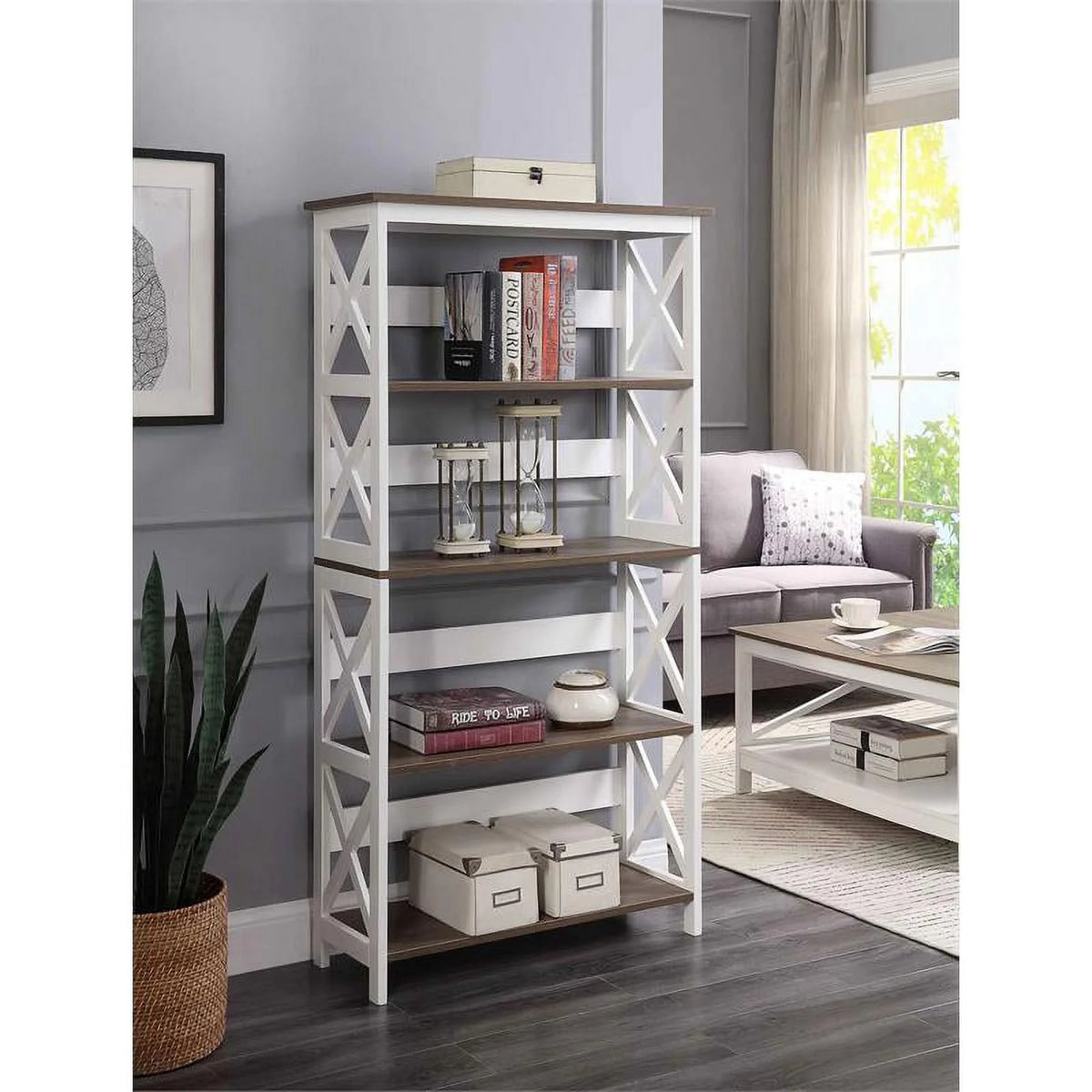 White 5 Tier Wood Bookcase Set of 2 X970