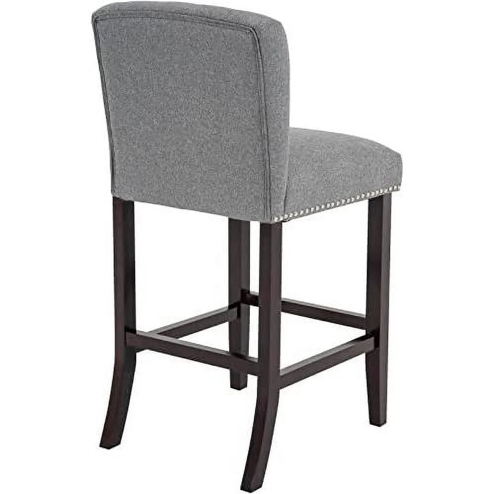 Linen Fabric Button Tufted Bar Stool with Back Solid Wood Legs D22451