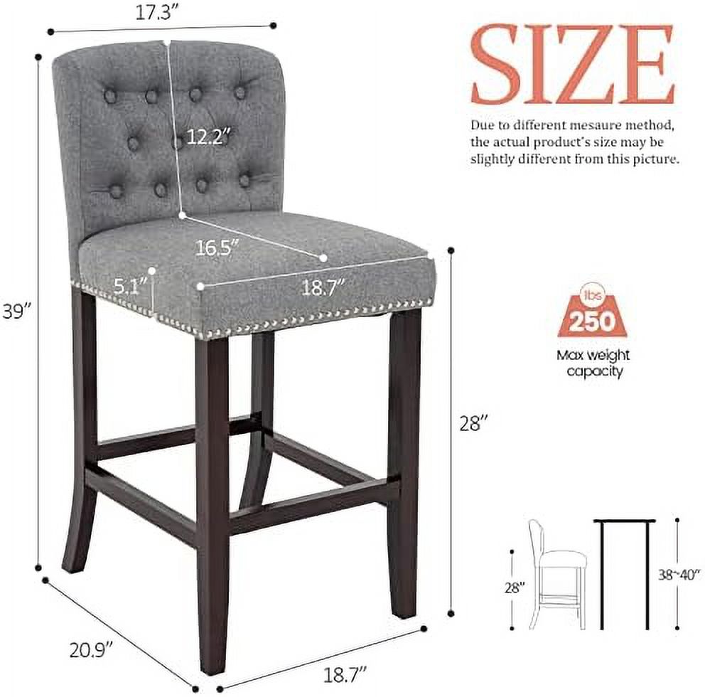 Linen Fabric Button Tufted Bar Stool with Back Solid Wood Legs D22451