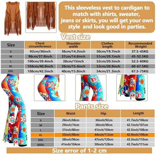 7 Pcs Hippie Costume Set with Flared Pants Fringe Vest Peace Sign Accessories G824636