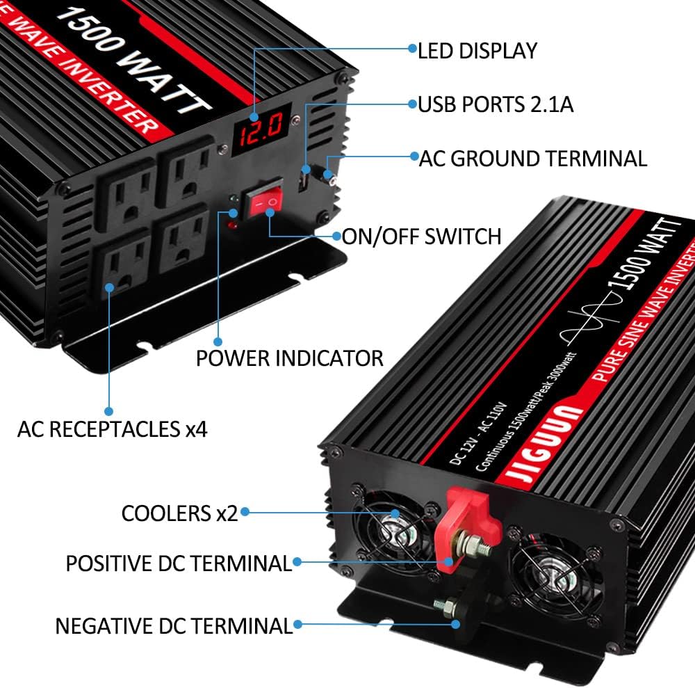 3000 Watt Pure Sine Wave Power Inverter 12V DC to 110V AC with 4 AC Outlets and USB Port O31206