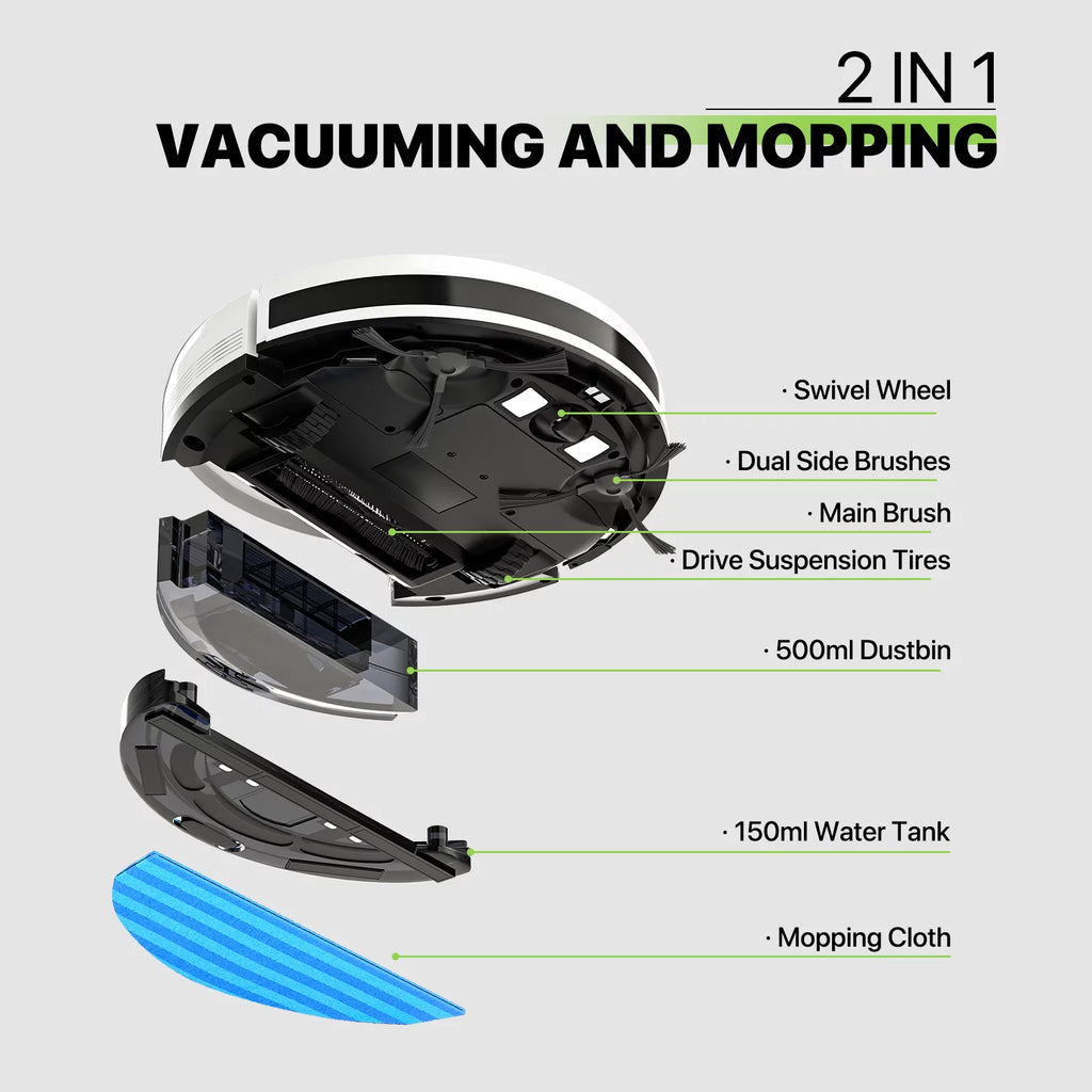 2 in 1 Robot Vacuum and Mop Combo, 2800pa White K8115