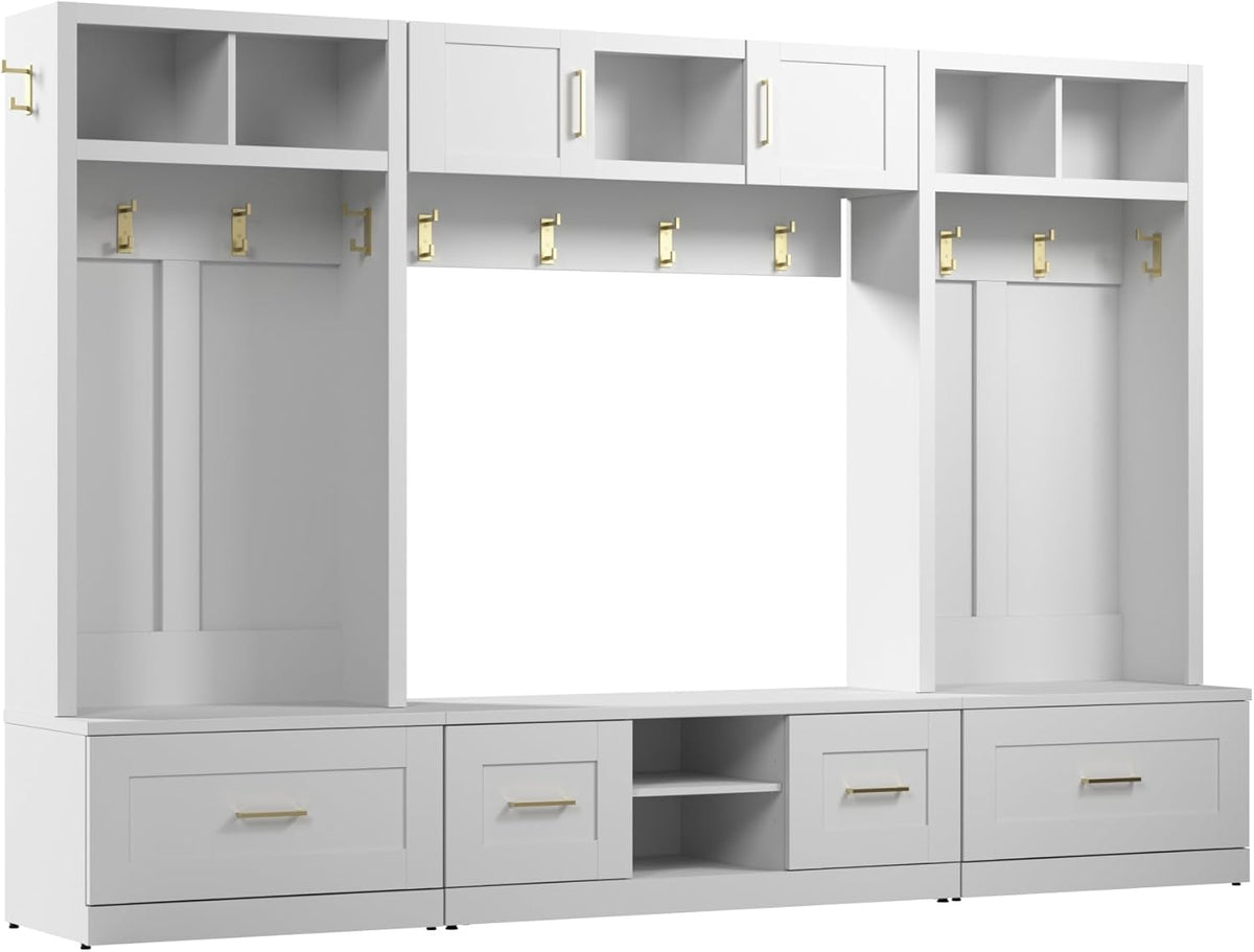 White Full Entryway Storage Set with Coat Rack and Shoe Benches M7905