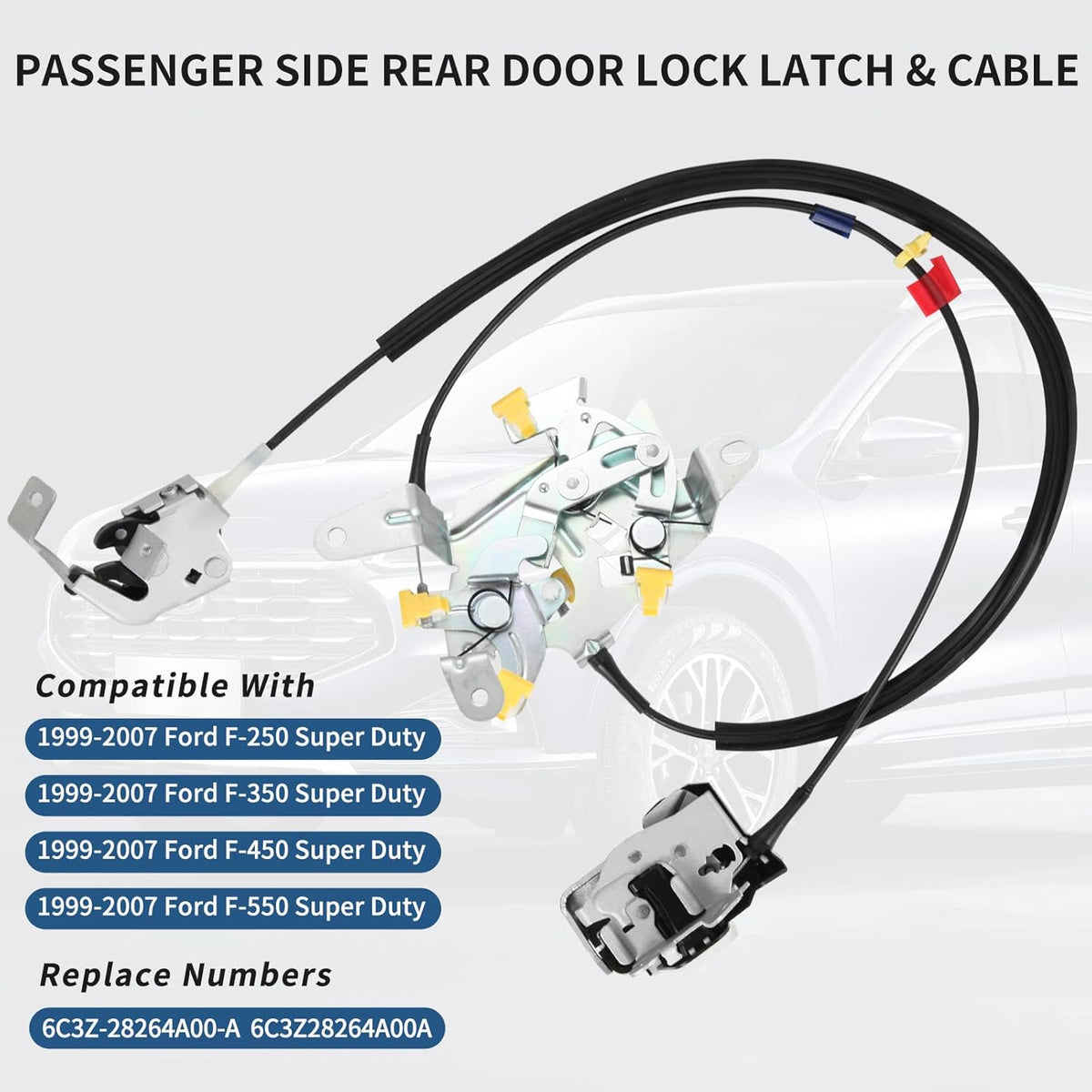 Right Passenger Side Rear Door Lock Latch & Cable for Ford F250 F350 F450 F550 Super Duty 1999-2007, Upper and Lower Latches Assembly, Pack of 2 Q904507
