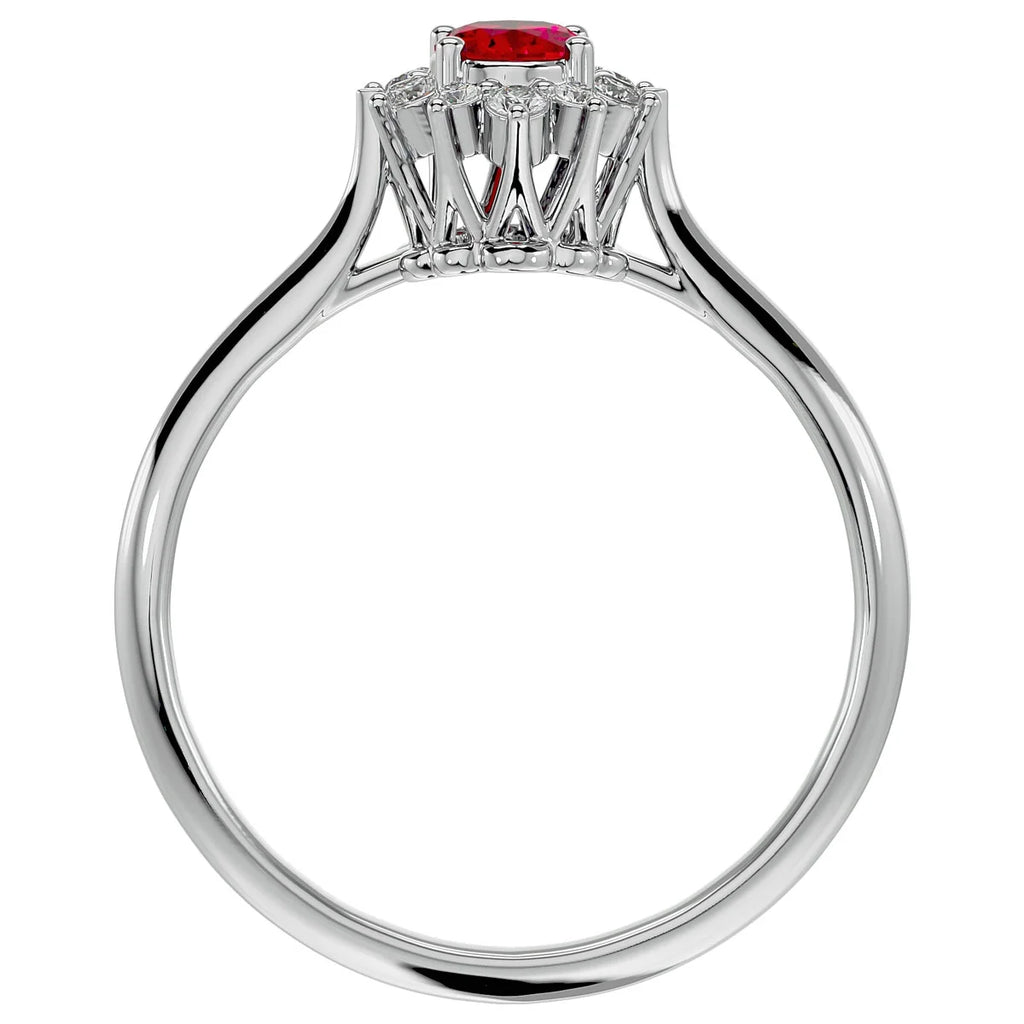 Oval Shape Created Ruby and Halo Diamond Ring In Sterling Silver S9130