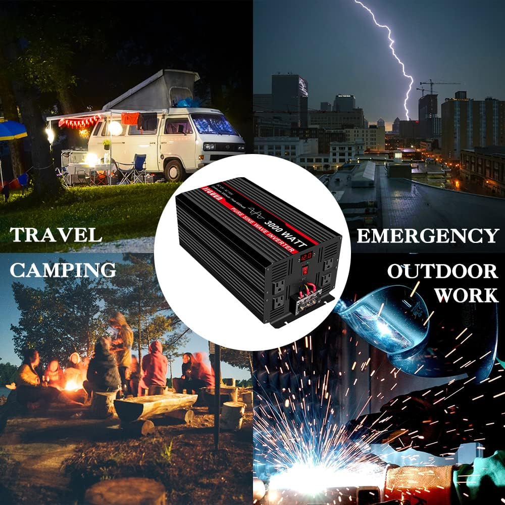 3000 Watt Pure Sine Wave Power Inverter 12V DC to 110V AC with 4 AC Outlets and USB Port O31206