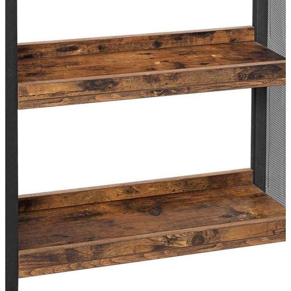 3 Tier Wood and Metal Kitchen Cart with Mesh Side Panel, Brown and Black Y75815