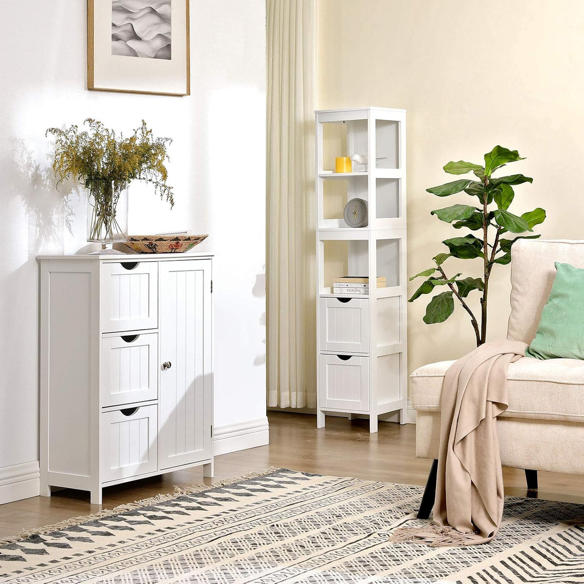 White Tall Cabinet with 2 Drawers and 3 Open Shelves F45009