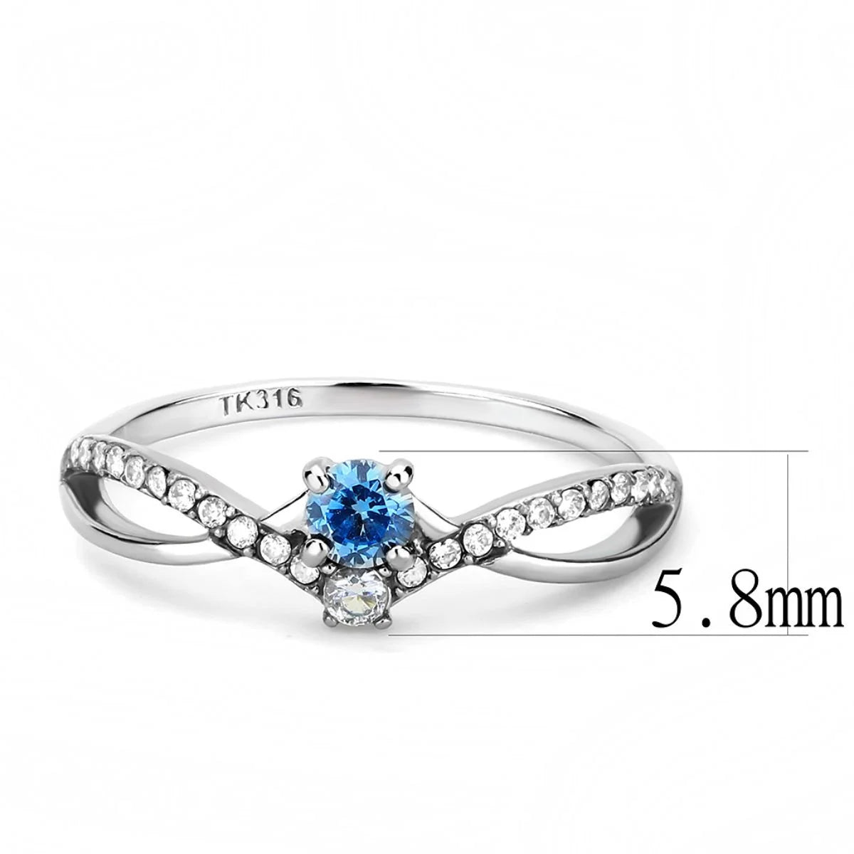 Stainless Steel Pave Engagement Ring with Sea Blue - Size 5 I8734