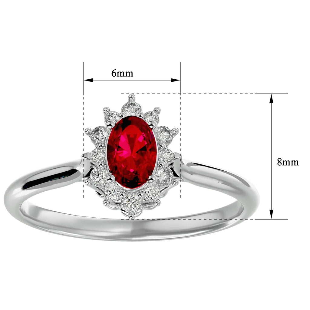 Oval Shape Created Ruby and Halo Diamond Ring In Sterling Silver S9130