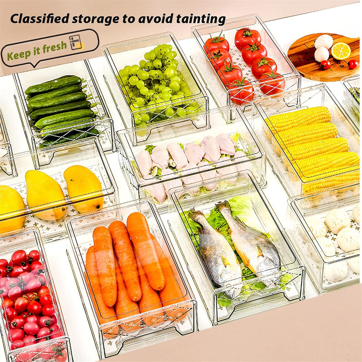 Plastic Stackable Fridge Organizer Bins with Removable Drain Tray, 2 Pack Y1597