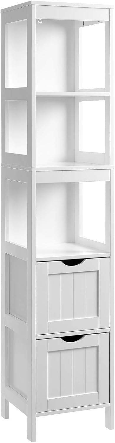 White Tall Cabinet with 2 Drawers and 3 Open Shelves F45009