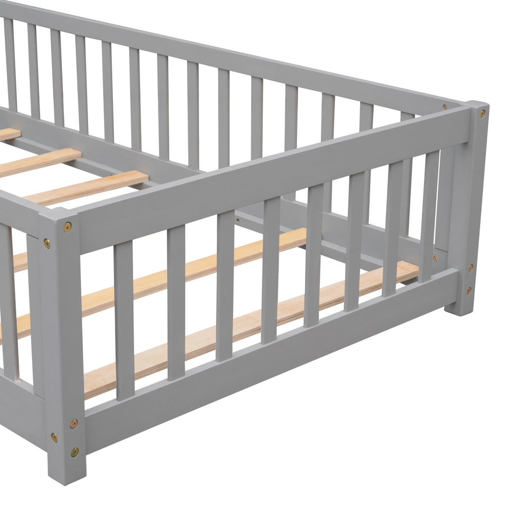 Twin Size Solid Wood Floor Platform Bed with Fence and Door X134