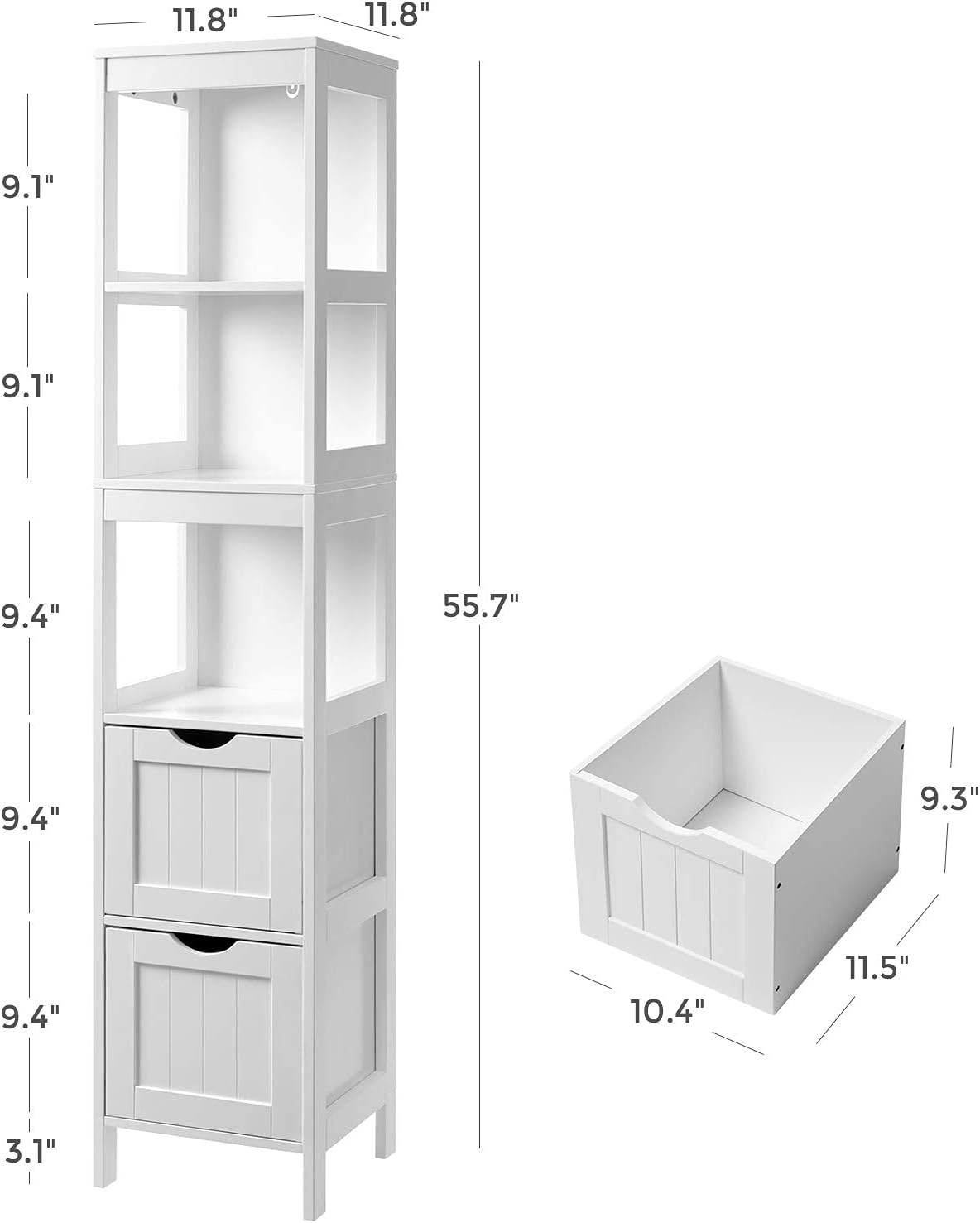 White Tall Cabinet with 2 Drawers and 3 Open Shelves F45009