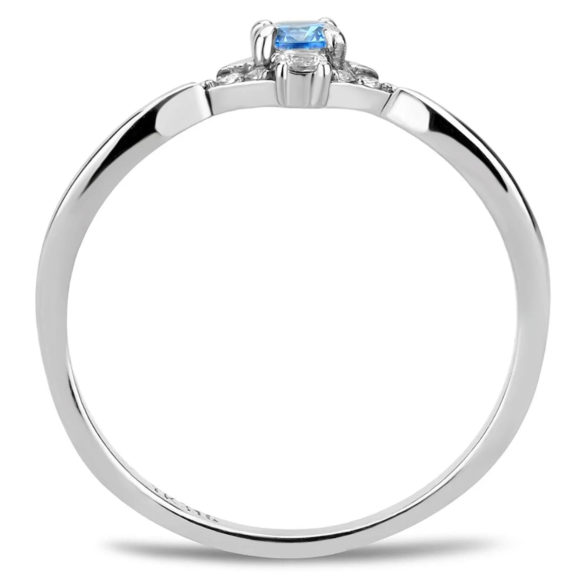 Stainless Steel Pave Engagement Ring with Sea Blue - Size 5 I8734