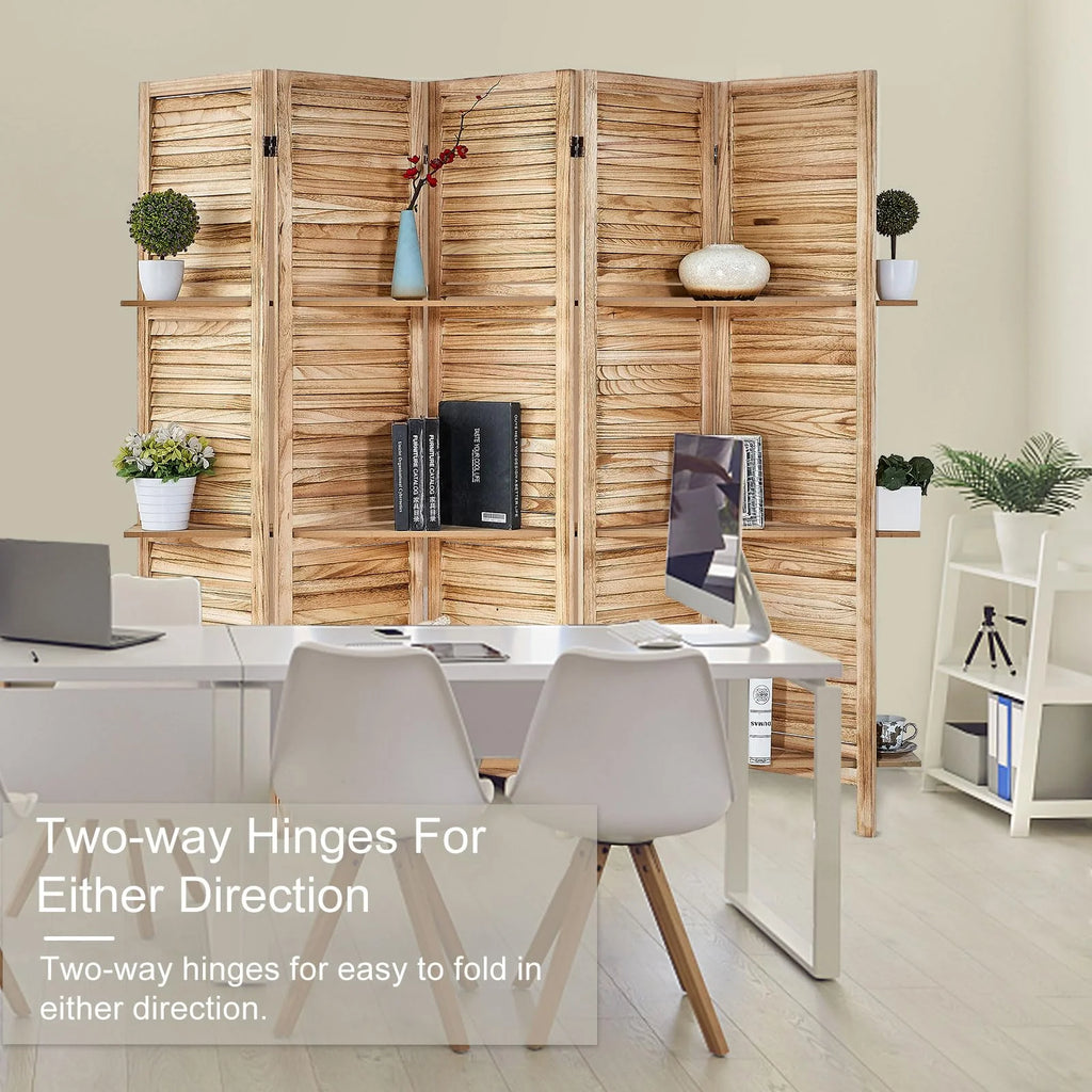 5 Panel Wood Folding Room Divider with Shelves A20847