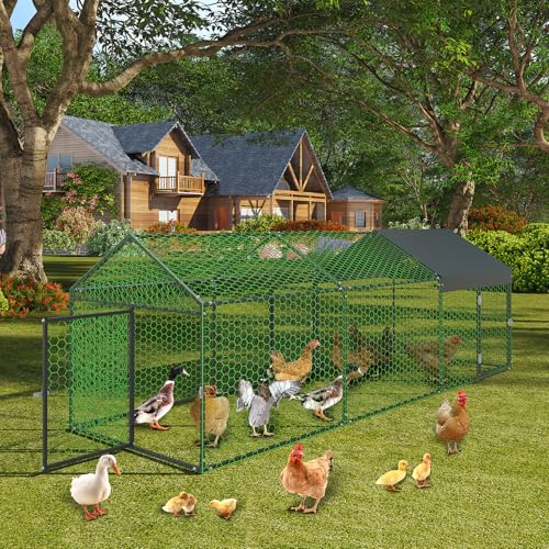 Metal Chicken Coop with Waterproof Cover, 120" x40" x40" Large Chicken Run with 3 Doors, Silver Z41843