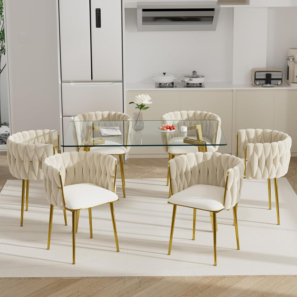 7 PCS Clear Glass Dining Table Set with Beige Woven Chairs Q28275