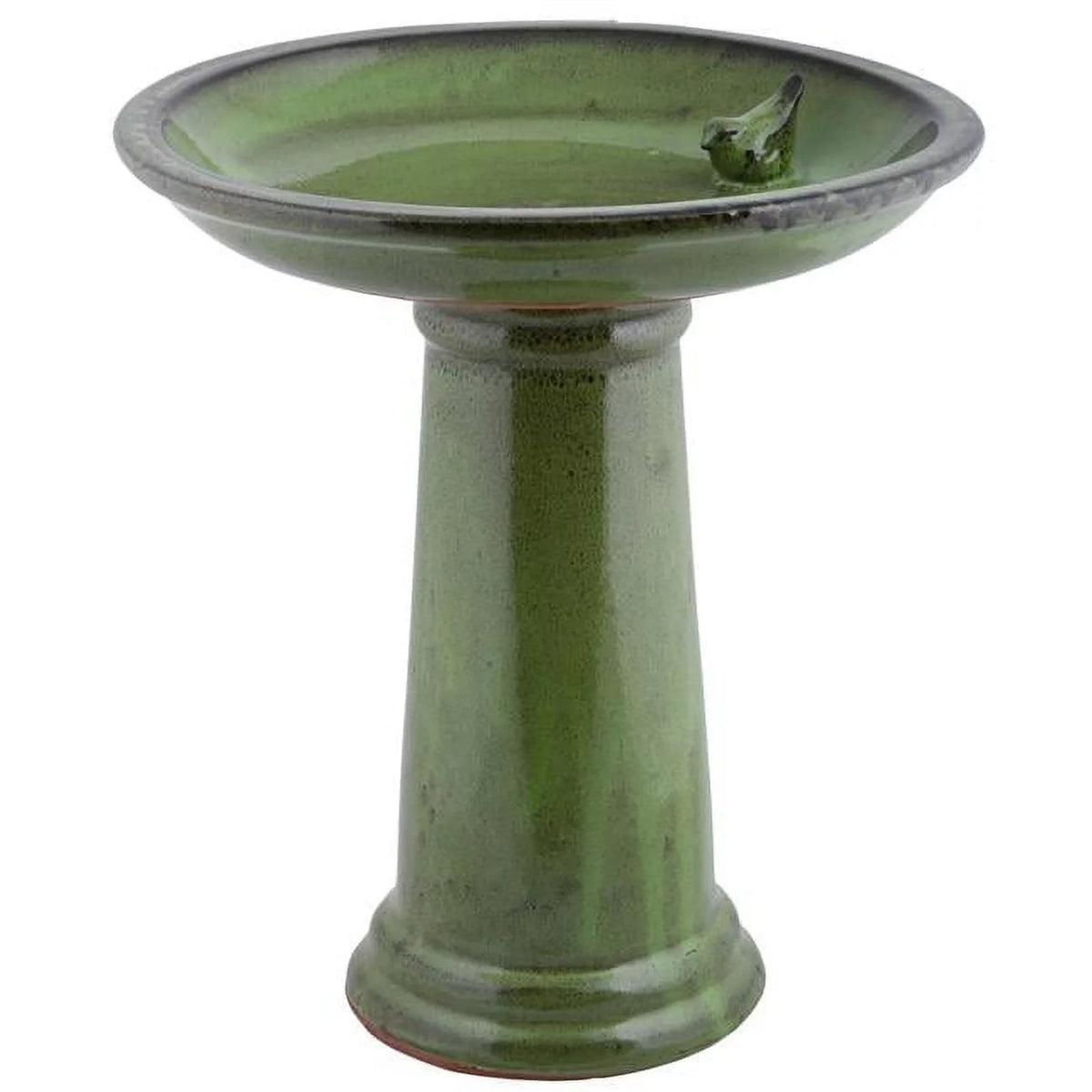 Ceramic Bird Bath on Pedestal with Bird, Green V9253