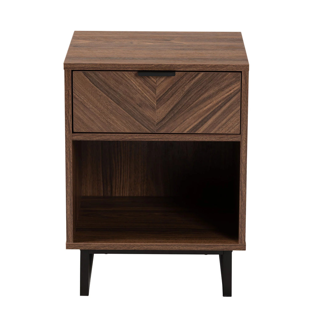 Walnut Brown Wood and Black Metal 1-Drawer End Table L27993