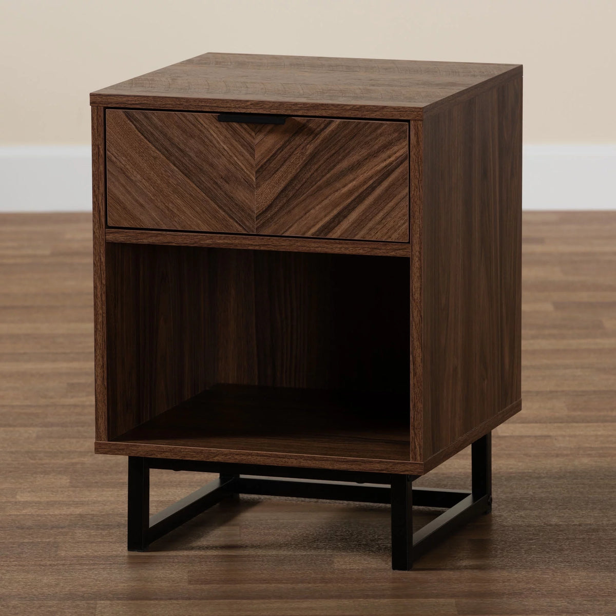 Walnut Brown Wood and Black Metal 1-Drawer End Table L27993