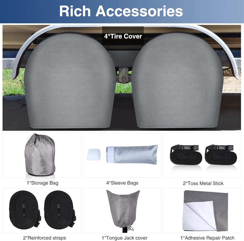 Upgraded Waterproof 500D Travel Trailer Cover with 4 Tire Covers, Tongue Jack Cover F98600