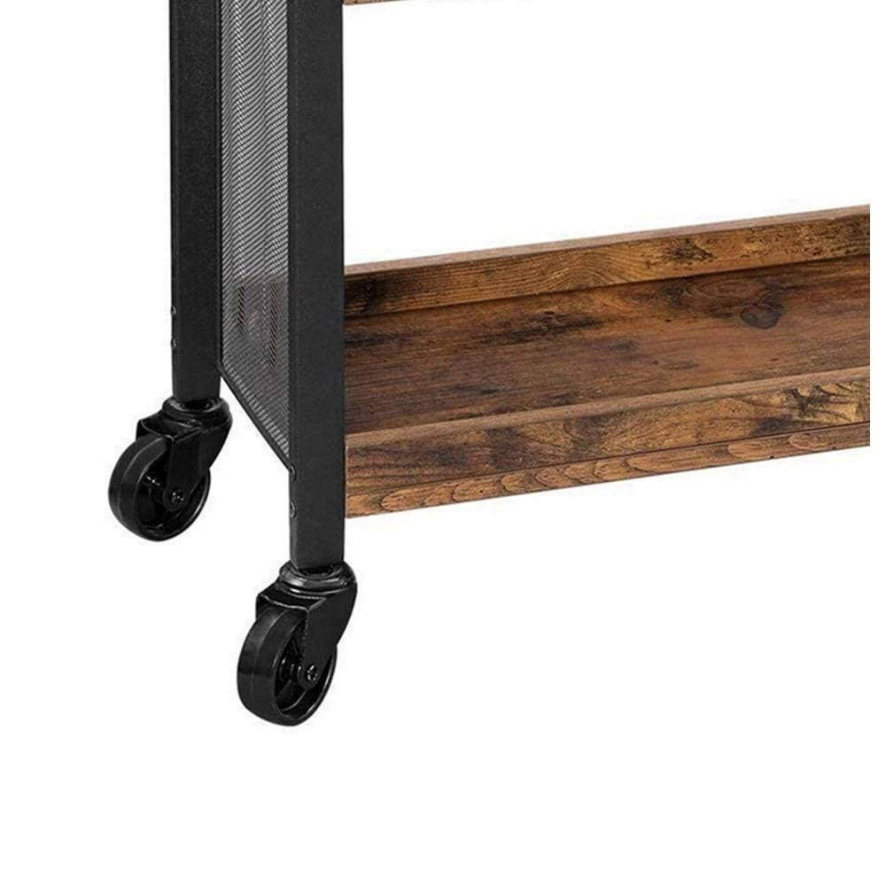 3 Tier Wood and Metal Kitchen Cart with Mesh Side Panel, Brown and Black Y75815
