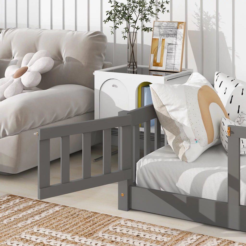 Twin Size Solid Wood Floor Platform Bed with Fence and Door X134