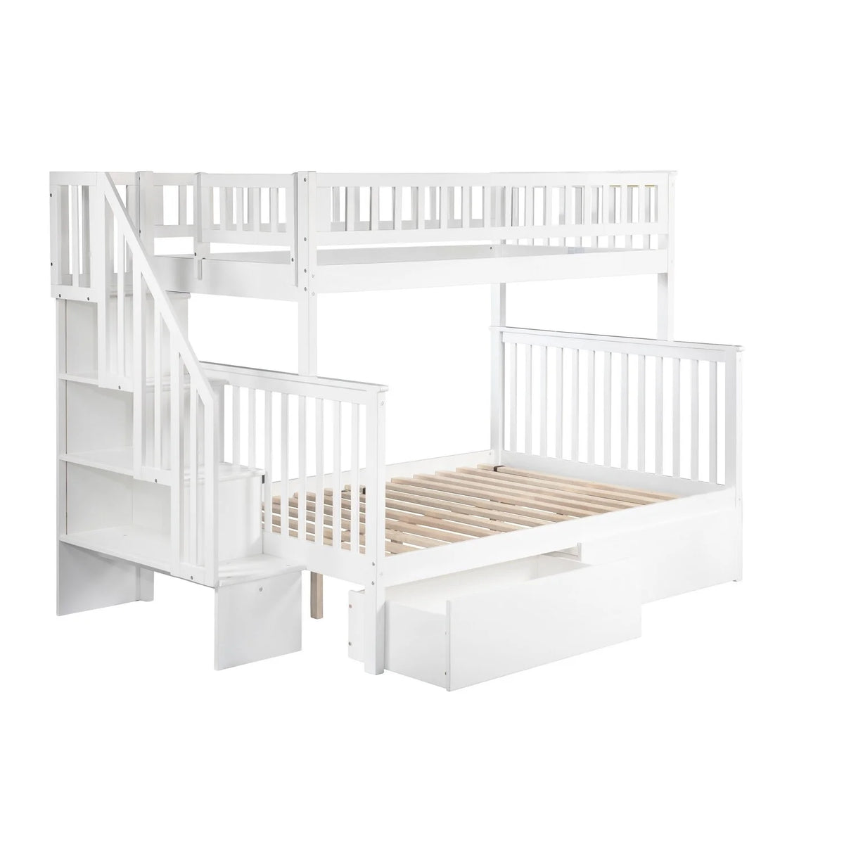 Wood Bunk Bed Twin over Full with 2 Drawers in White R144