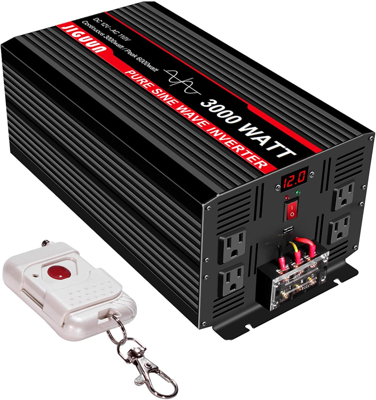 3000 Watt Pure Sine Wave Power Inverter 12V DC to 110V AC with 4 AC Outlets and USB Port O31206