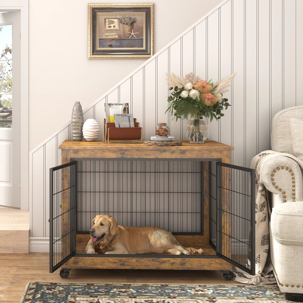 Wooden Dog Crate with Double Doors and Lift Top B13092