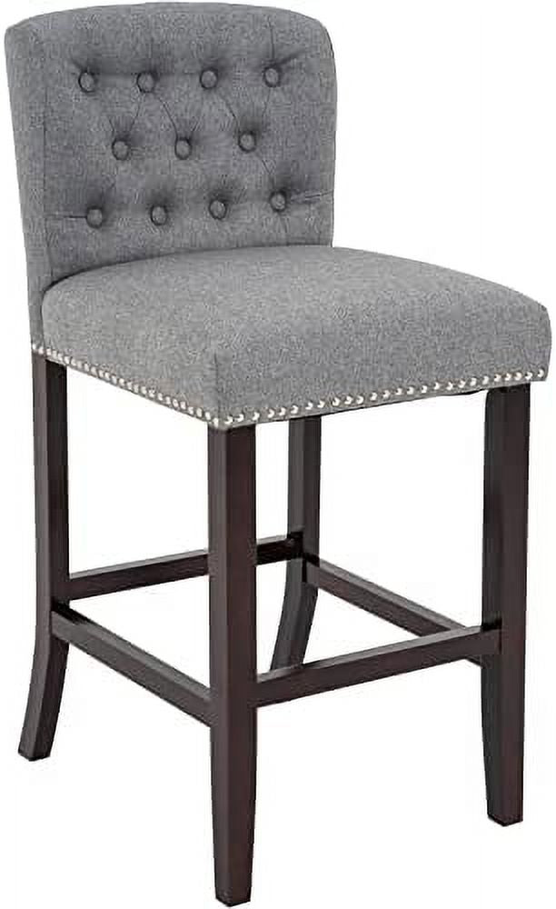 Linen Fabric Button Tufted Bar Stool with Back Solid Wood Legs D22451