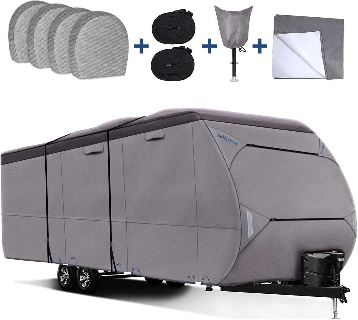 Upgraded Waterproof 500D Travel Trailer Cover with 4 Tire Covers, Tongue Jack Cover F98600