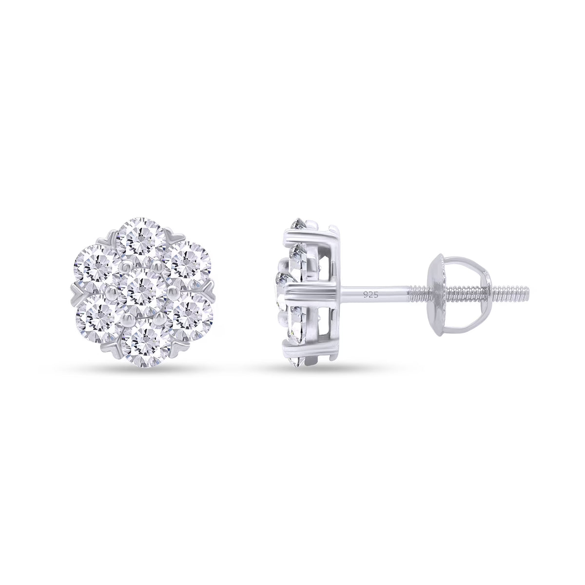 1 Carat Round Cut Lab Created Moissanite Flower Cluster Stud Earrings In 14K White Gold Over Sterling Silver With Screw Back H96160
