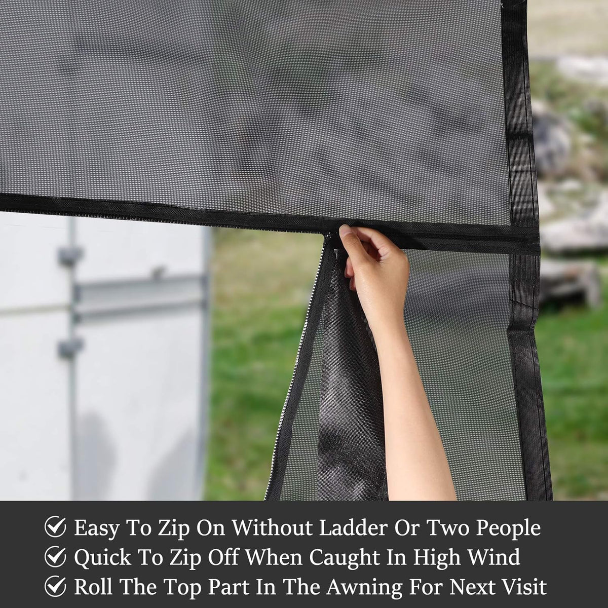 RV Awning Shade Screen with Zipper 10' x 9' Black Mesh Sun Shade Z336