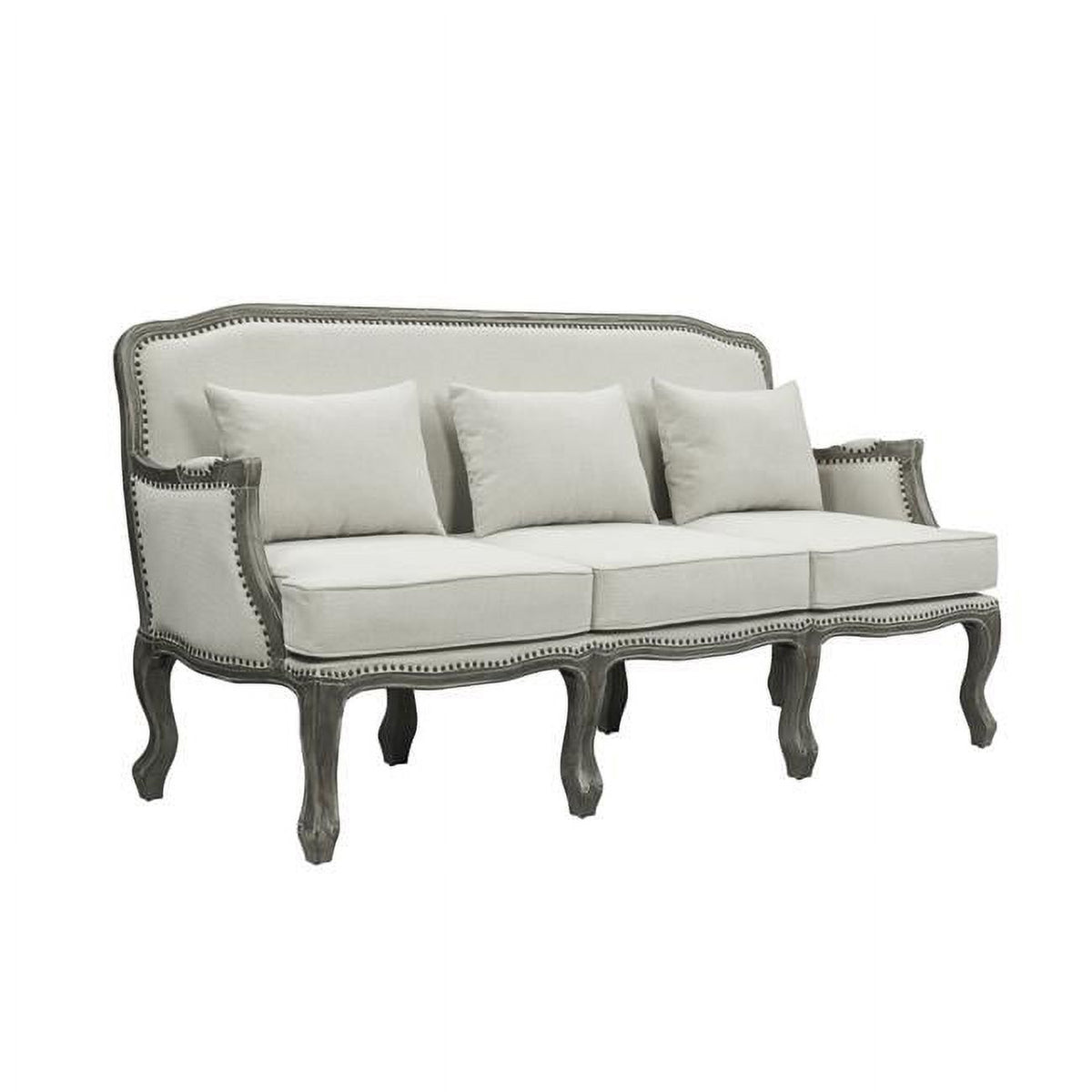 Cream Linen & Brown Sofa with 3 Pillows V37015