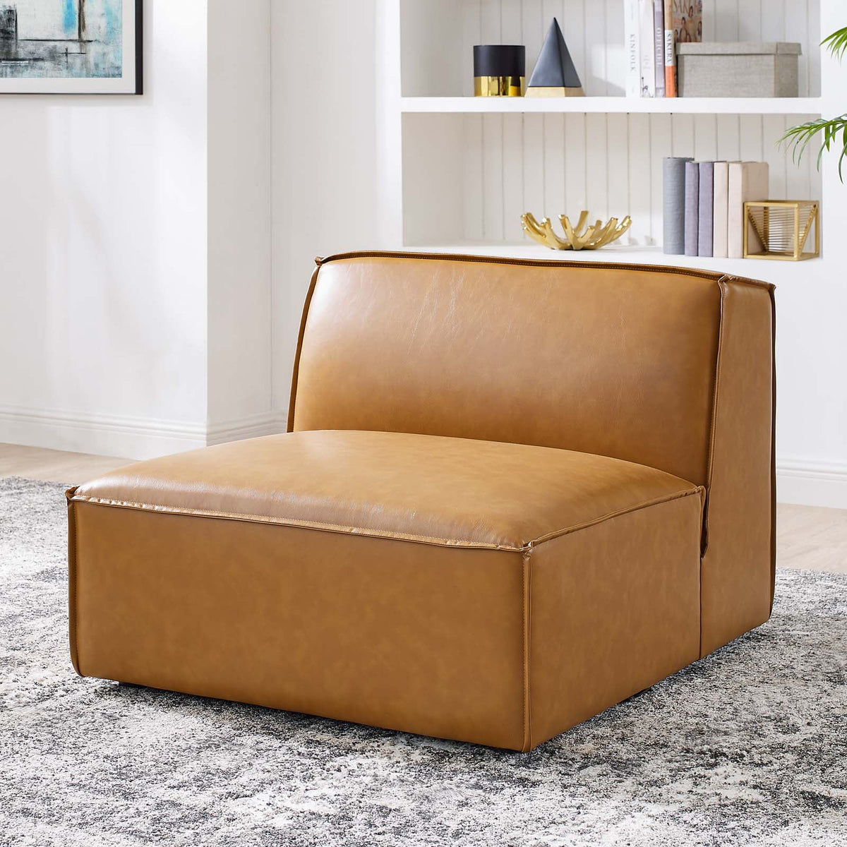 Tan Vegan Leather Sectional Sofa Armless Chair U774