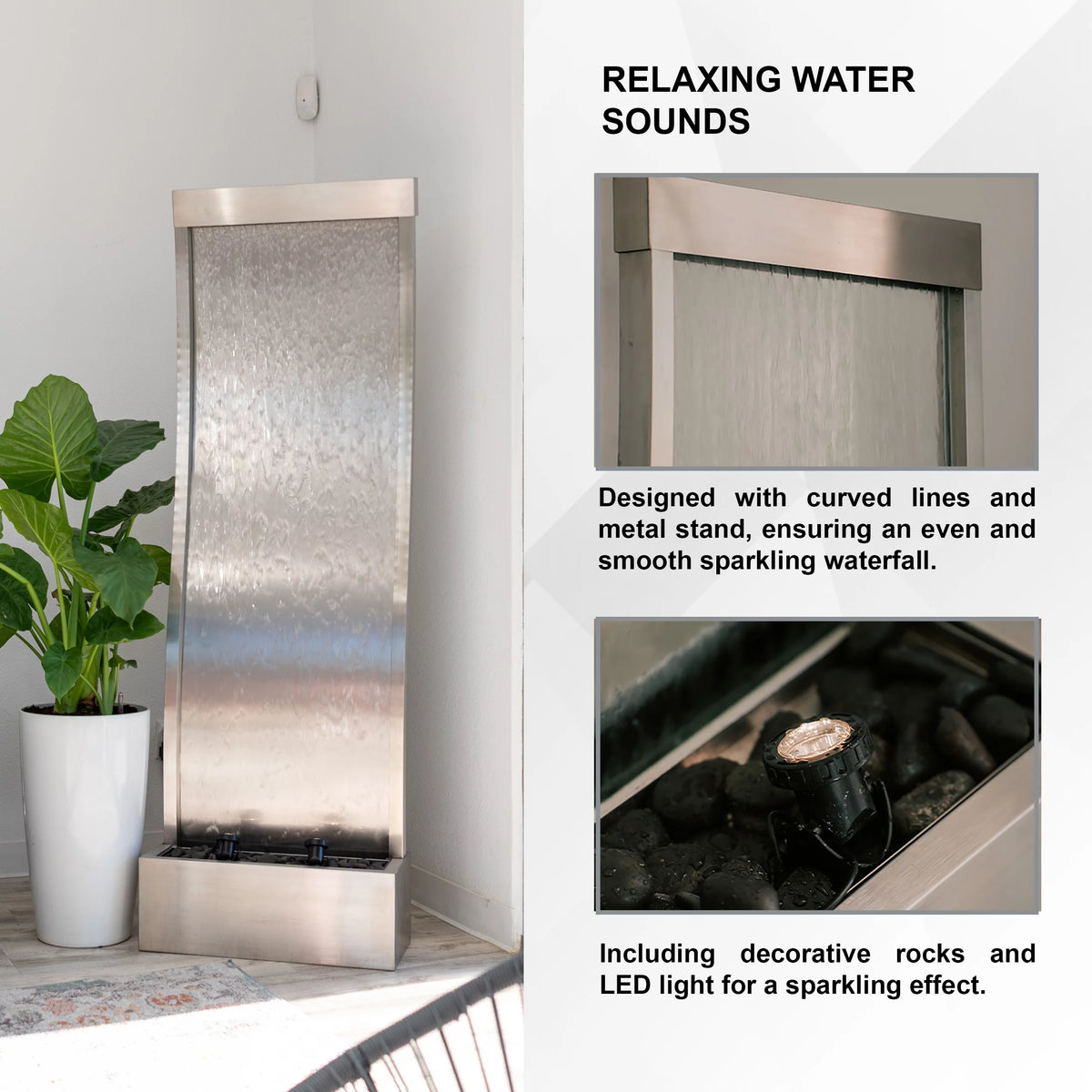 72" Steel Glass Mirror Fountain with Pump LED Lights and Rocks D280463