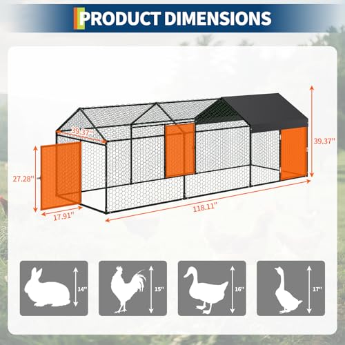 Metal Chicken Coop with Waterproof Cover, 120" x40" x40" Large Chicken Run with 3 Doors, Silver Z41843