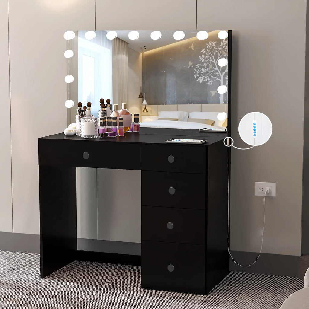 Black Makeup Vanity Table with 5 Drawers C7646