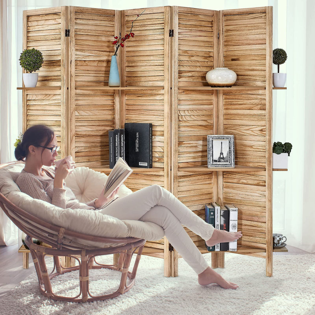 5 Panel Wood Folding Room Divider with Shelves A20847