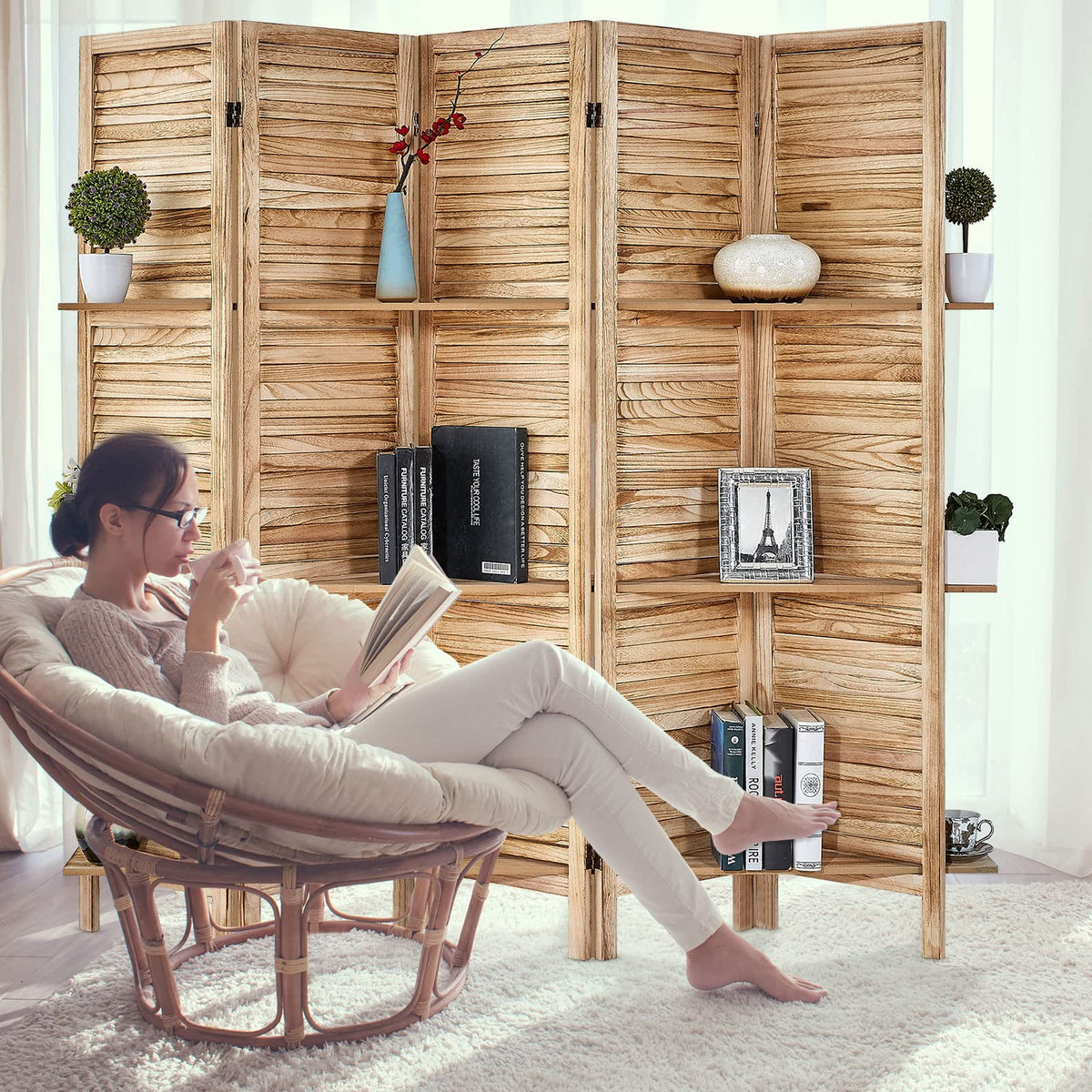 5 Panel Wood Folding Room Divider with Shelves A20847
