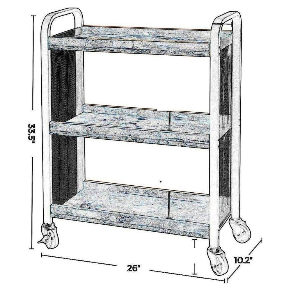 3 Tier Wood and Metal Kitchen Cart with Mesh Side Panel, Brown and Black Y75815