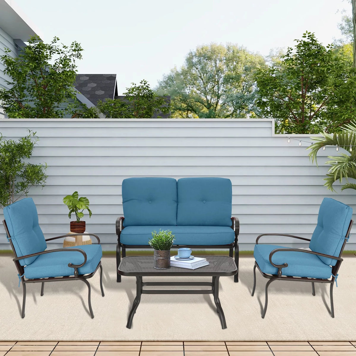 4-Piece Outdoor Furniture Conversation Set with Peacock Blue Cushions Q53515