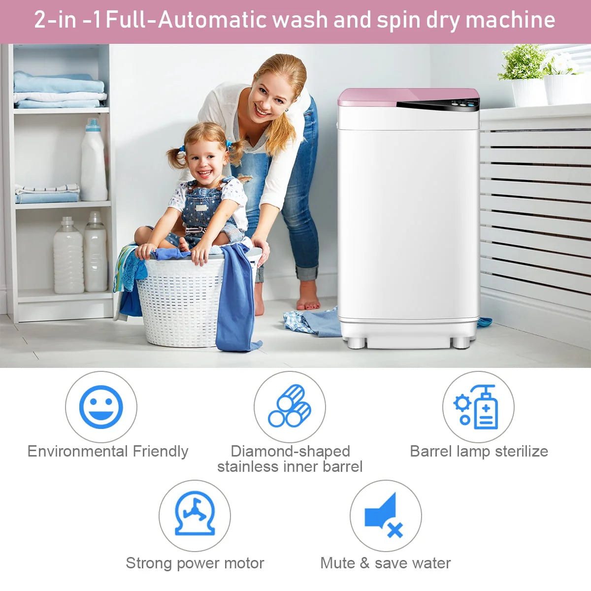 Full-Automatic Washing Machine 7.7 lbs Washer/Spinner UV Light Pink X9414