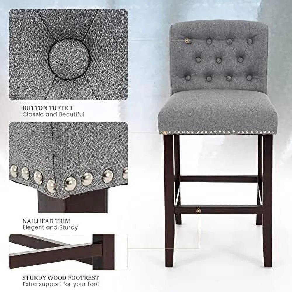 Linen Fabric Button Tufted Bar Stool with Back Solid Wood Legs D22451