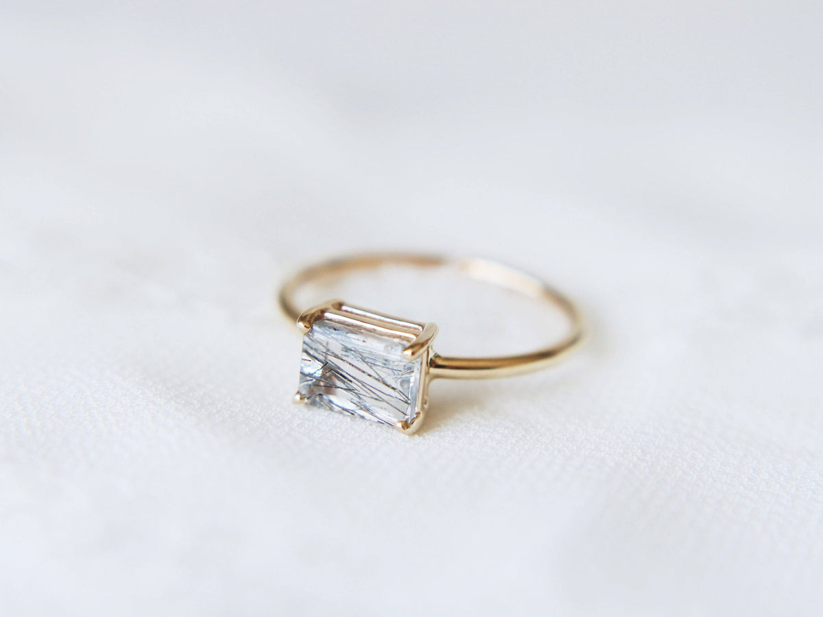 Black Rutilated Quartz Emerald Cut Ring S730