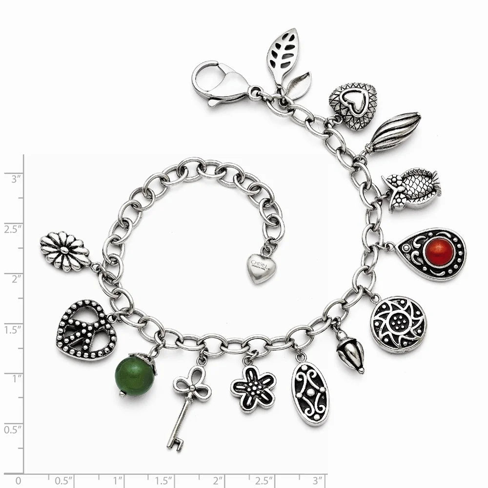 Stainless Steel Synthetic Jade & Red Glass Charm Bracelet Q5258
