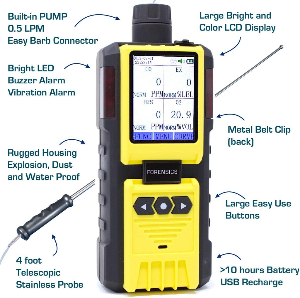 4 Gas Monitor with Built-in Pump, O2 CO H2S LEL, Color Display, Data Logging F3014
