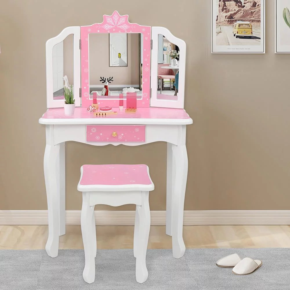Kids Vanity Table and Chair Set with Mirror and Drawer W131